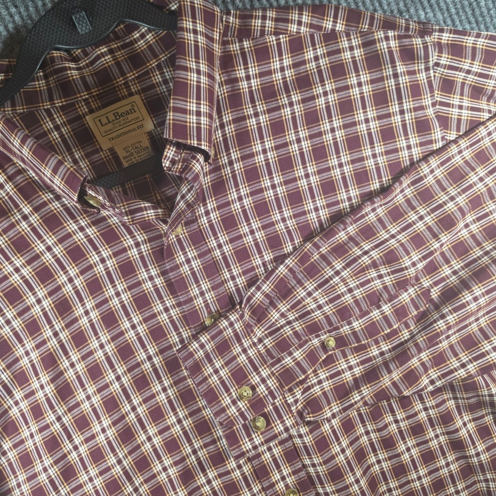 LL Bean Button Down Shirt Mens XL Tall Burgundy Plaid Excellent Traditional Fit